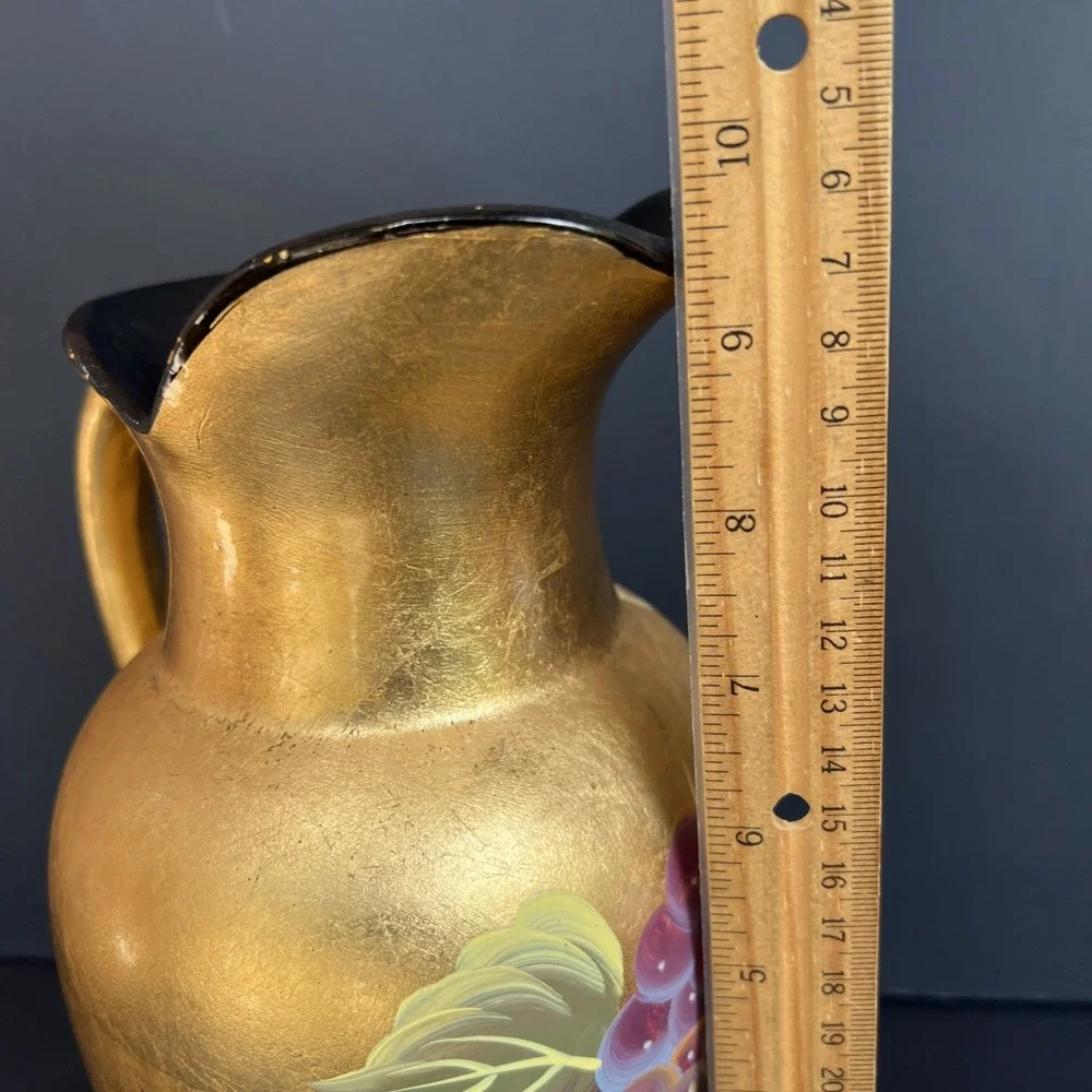 VTG Gold Gilt Hand Painted Fruit Pitcher Vase Stoneware Japan Style 9.5